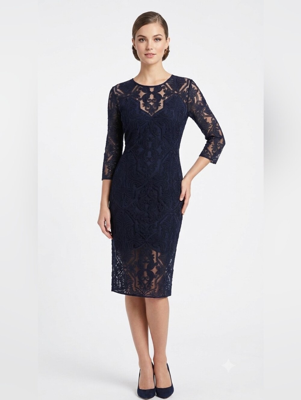 Tadashi Shoji Navy Lace Midi Sheath Dress